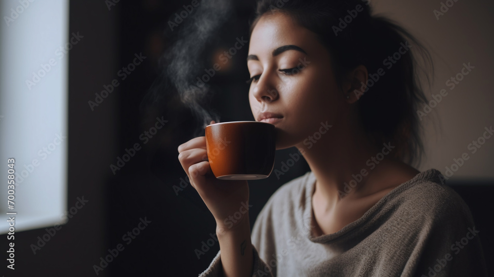 Young woman drinking coffee, enjoying coffee, hot beverage, tea, morning coffee Young woman drinking coffee, enjoying coffee, hot beverage, tea, morning coffee