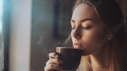 Young woman drinking coffee, enjoying coffee, hot beverage, tea, morning coffee photo