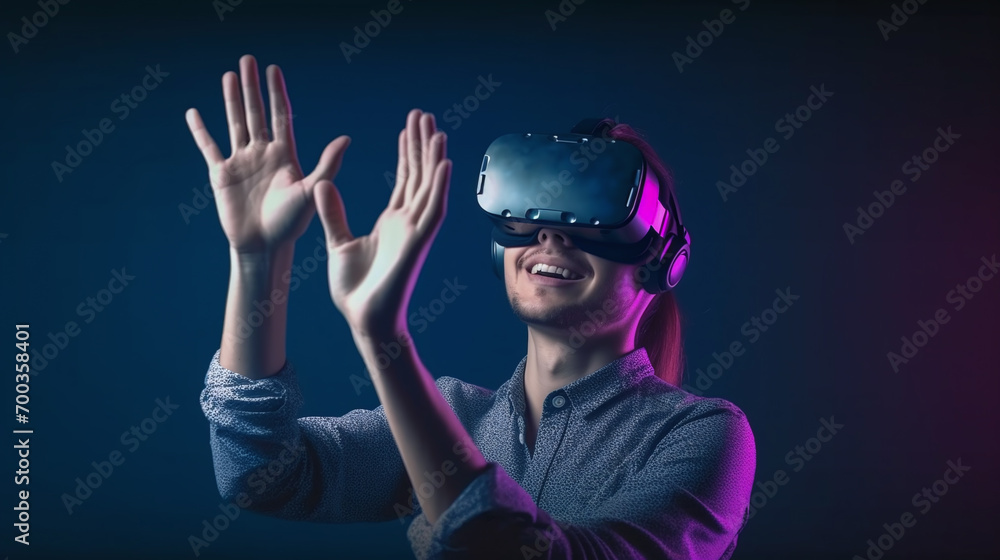 Young man with virtual reality googles, VR, VR googles, virtual reality, game, gaming, future, futuristic Young man with virtual reality googles, VR, VR googles, virtual reality, game, gaming, future, futuristic