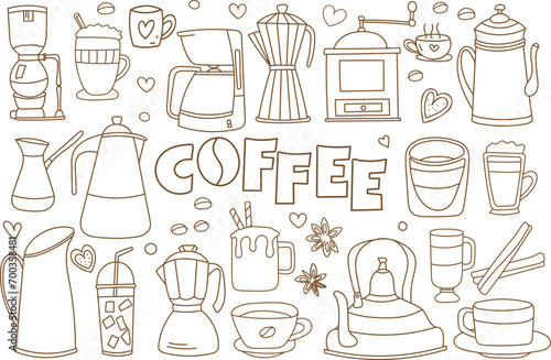 Doodles On The Theme Of Coffee, Anti-Stress Coloring Illustrations Of Coffee Cups And Coffee Machines, Etc., Depict My Image