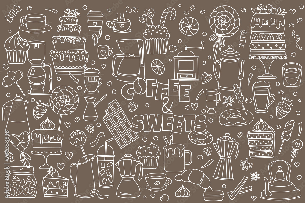 Doodles On The Theme Of Cafe - Coffee And Sweets, Illustration On A Brown Background Of Coffee, Cakes And Sweets