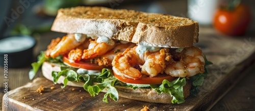 Spicy homemade shrimp sandwich with lettuce, tomato, and tartar sauce.