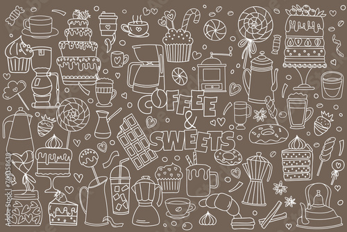 Doodles On The Theme Of Cafe - Coffee And Sweets, Illustration On A Brown Background Of Coffee, Cakes And Sweets