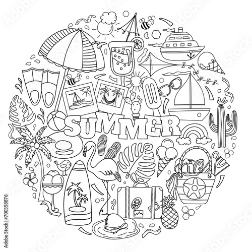 Hand-Drawn Vector Doodle Set For A Summer-Themed Anti-Stress Coloring Page, Featuring The Sea And Everything Needed For Summer Relaxation In A Coloring Book