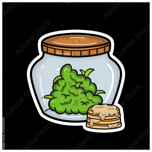 Pancake Flavor With Cartoon Mascot of Weed Bud On Jar. For Sticker and label.