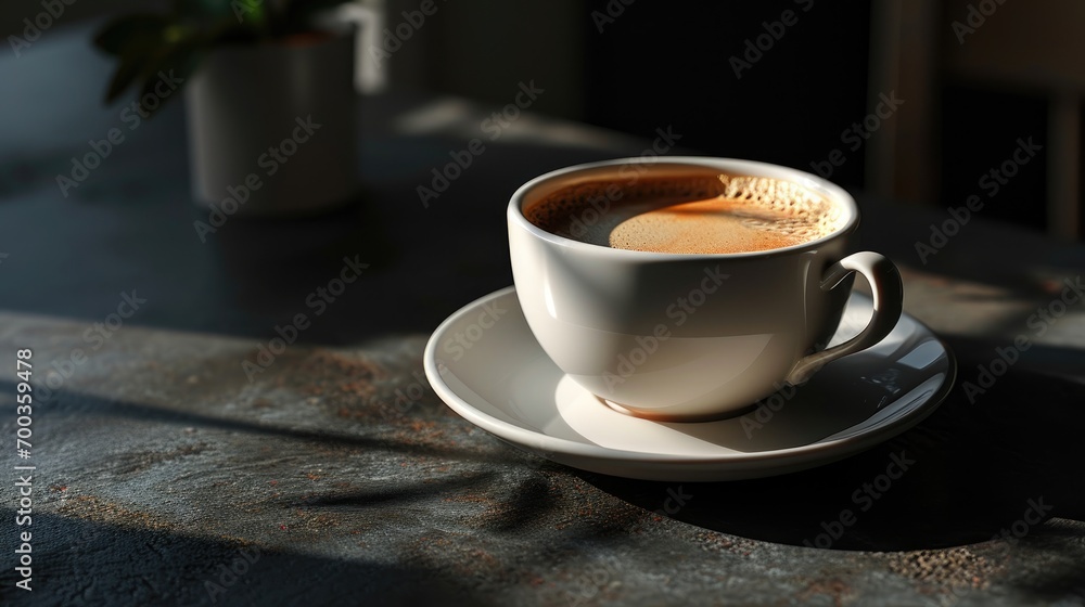 A coffee cup resting on a dark tabletop A coffee cup resting on a dark tabletop