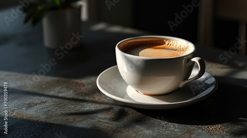 A coffee cup resting on a dark tabletop