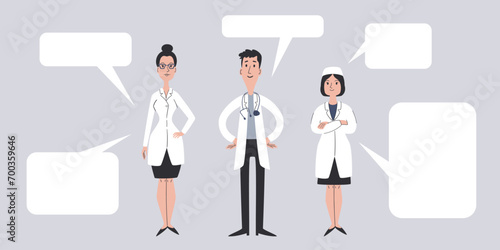 Cartoon doctor characters staying together with blank speech bubbles. Diversity in medical world. Retro vector illustration.