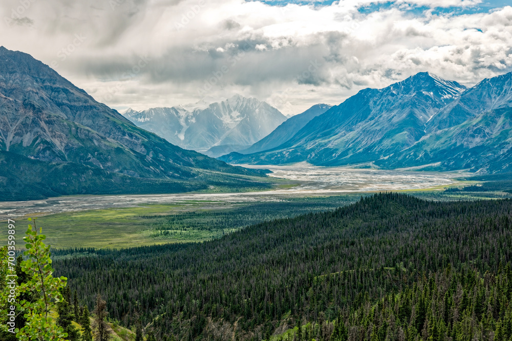 The Slims River is visible from the Sheep Creek Trail at Kluane National Park, Yukon, Canada