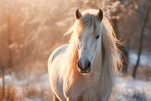 white horse in winter forest.