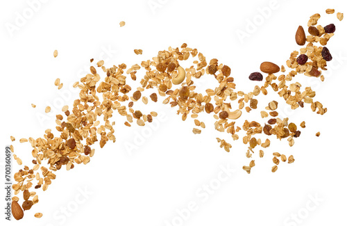 Oatmeal, raisins, cashews and almonds. Granola isolated on background photo