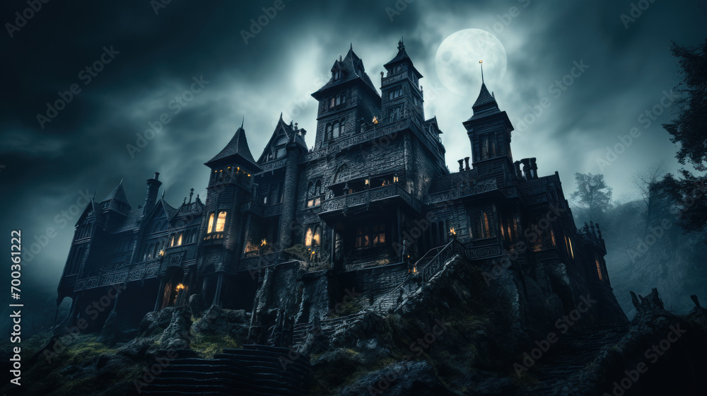 Sinister vampire castle at night