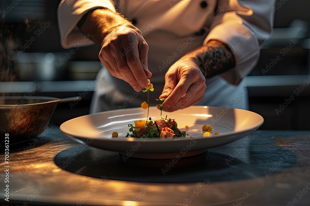 A chef preparing a delicious dish in a fine restaurant. A chef preparing a delicious dish in a fine restaurant.