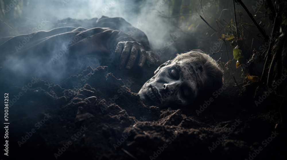 Nasty zombie coming out of grave - obrazy, fototapety, plakaty 