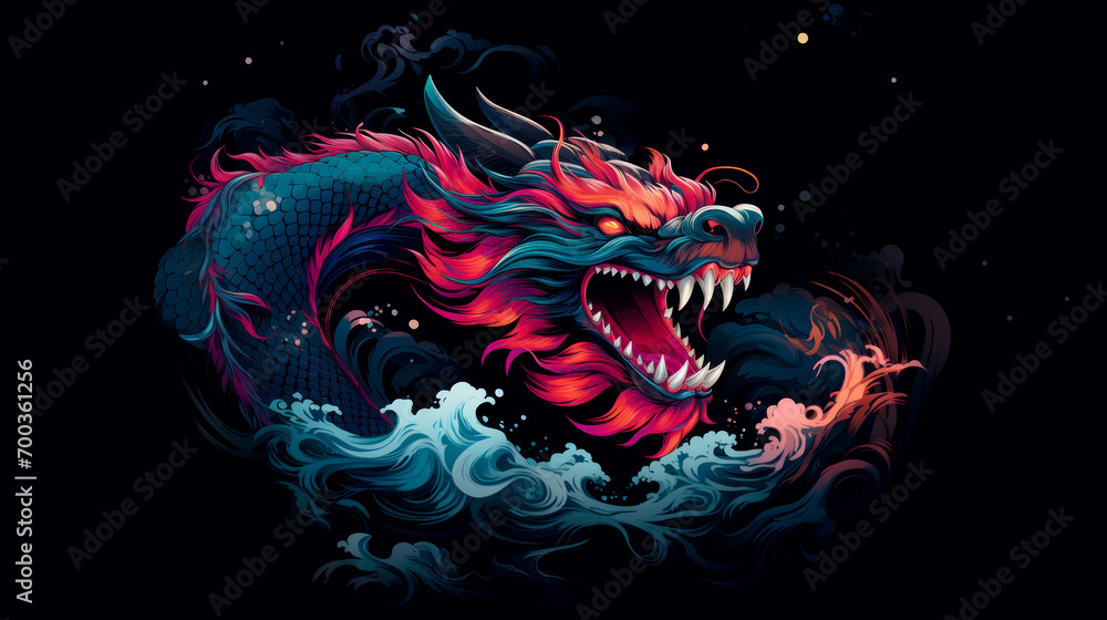 Vibrant-colored Asian dragon on black background
