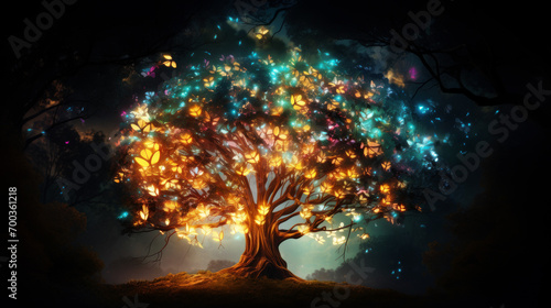 Magical glowing tree with fireflies