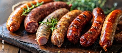 Various types of sausages made from different animal parts. photo