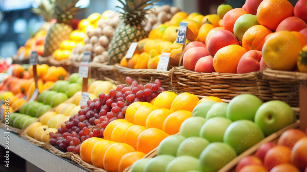 Shelf with fruits on food market display Shelf with fruits on food market display
