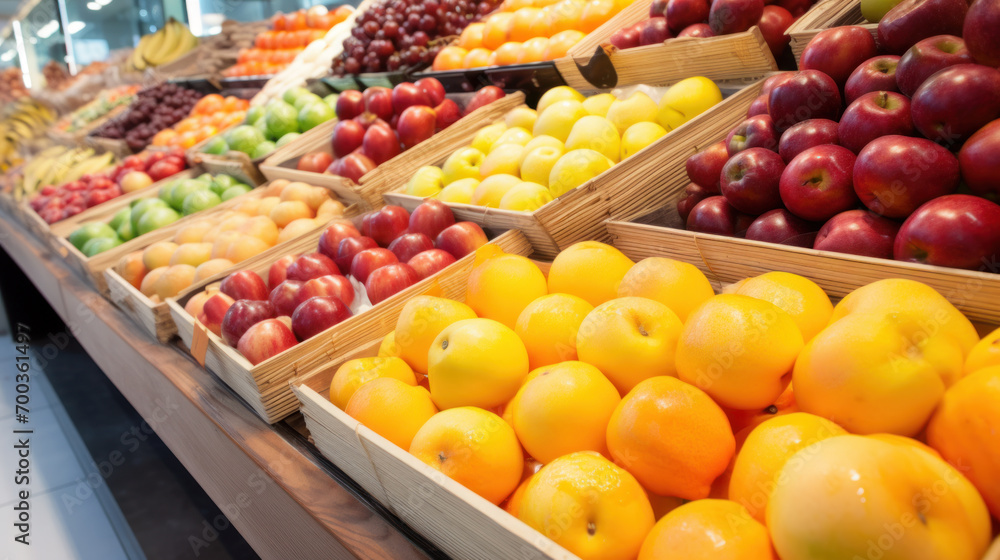 Shelf with fruits on food market display Shelf with fruits on food market display