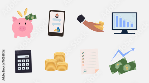 collection of finance, market, investment objects. Safe, money, chart, payment. Vector illustration