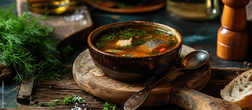 Russian fish soup, known as ukha, with ember and vodka on wooden board. Broth and traditional cuisine in Russia. Russian fish soup, known as ukha, with ember and vodka on wooden board. Broth and traditional cuisine in Russia.