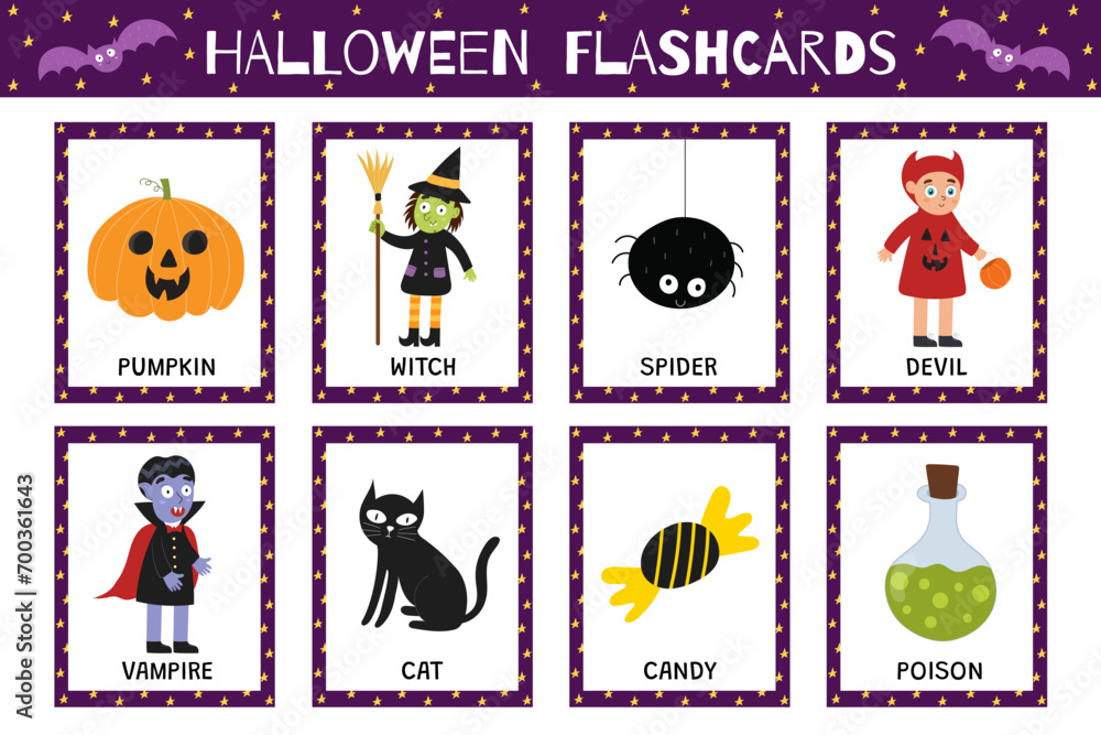 Fototapeta premium Halloween flashcards collection for kids. Flash cards set with cute spooky characters for school and preschool. Learning to read activity for children. Vector illustration