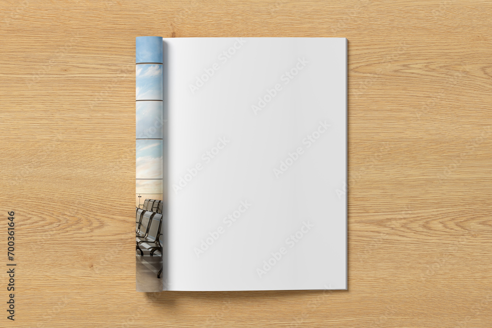 Magazine right-hand page mockup on wooden background Magazine right-hand page mockup on wooden background