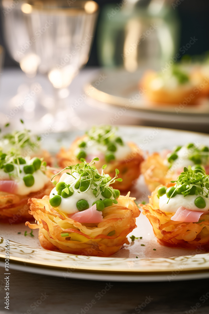 Potato Nests with Ham, Cream cheese, peas and herbs on a plate. Vertical, close-up, side view. Potato Nests with Ham, Cream cheese, peas and herbs on a plate. Vertical, close-up, side view.