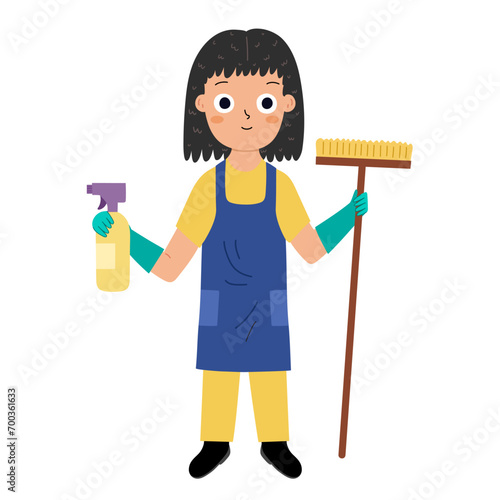Cleaner woman in cartoon style for kids. Cute girl maid in uniform with a brush and a spray isolated on white background. Learning professions clipart for school and preschool. Vector illustration