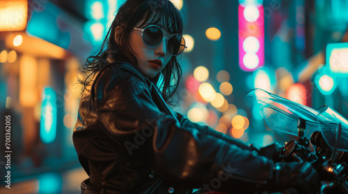 サングラスをかけてバイクに乗る若い女性
