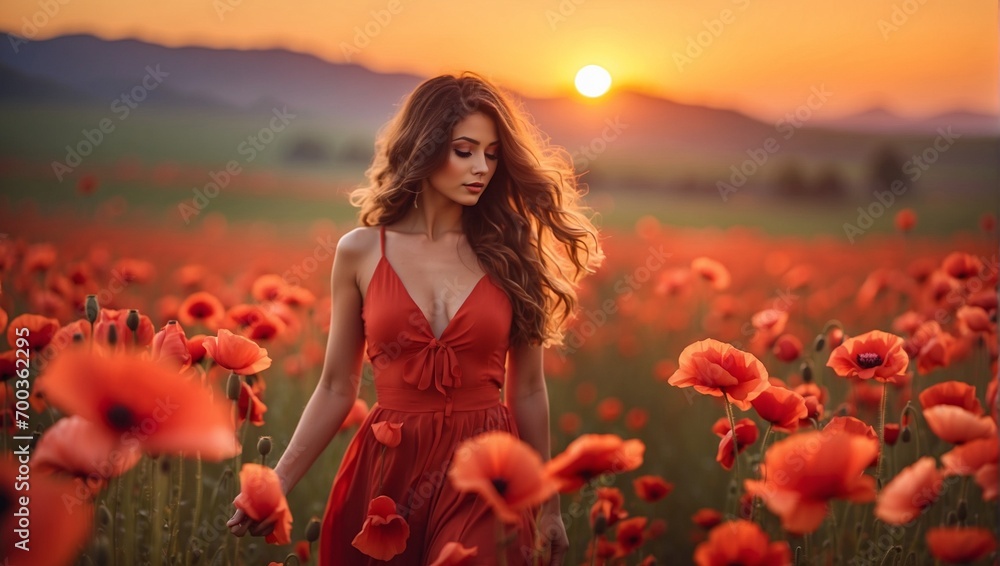 Beautiful woman is walking in poppy field at sunset
Beautiful woman is walking in poppy field at sunset