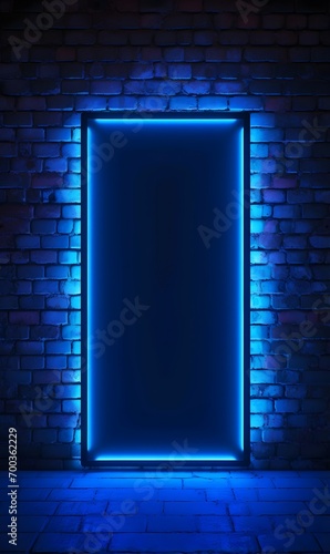 Neon-lit frame on a brick wall with a dark center, creating a mysterious portal-like effect with vibrant blue lighting. photo