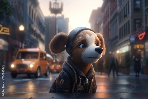 4k wallpaper of game-inspired cartoon dog in cityscape by Gongbi. Generative AI photo