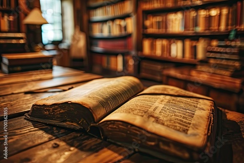 An old, antique book lies open on a wooden table in a library.  photo