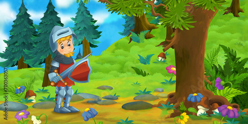 cartoon summer scene with path in the forest - nobody on scene knight prince illustration for children