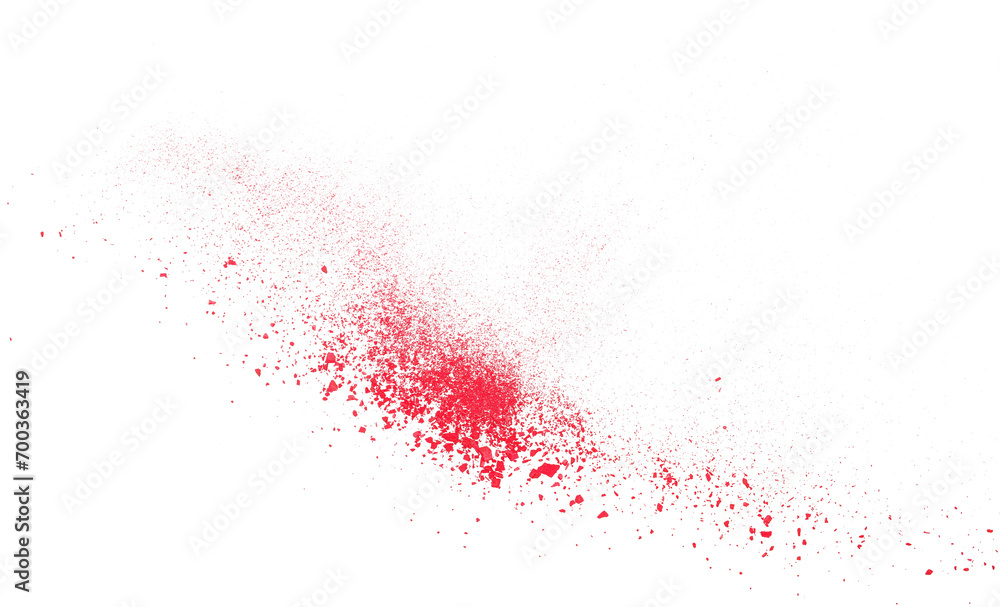Red chalk pieces and dust flying, effect explode isolated on white - obrazy, fototapety, plakaty 