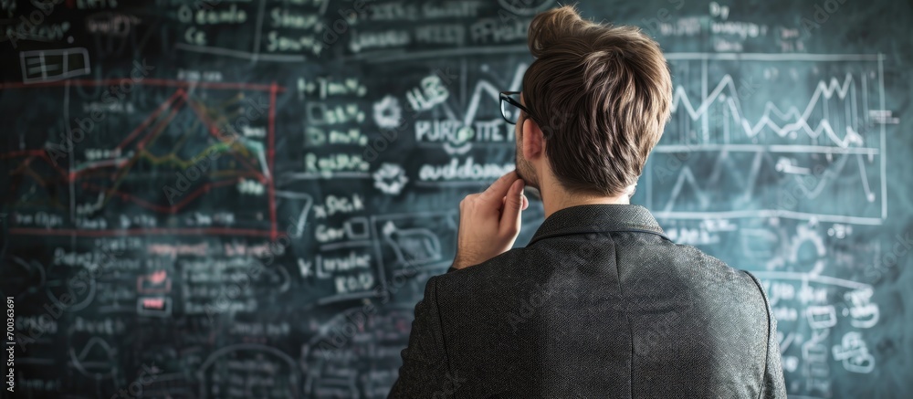 How should I decide? Man ponders business signs and charts on chalkboard. How should I decide? Man ponders business signs and charts on chalkboard.