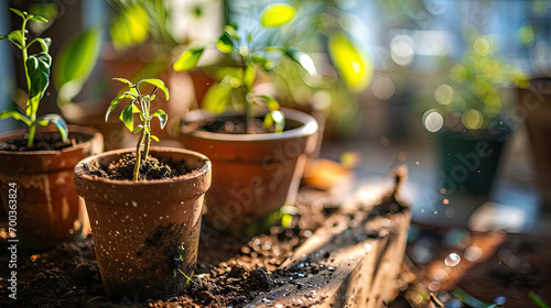 Small plants in pots ready to be planted in the ground photo