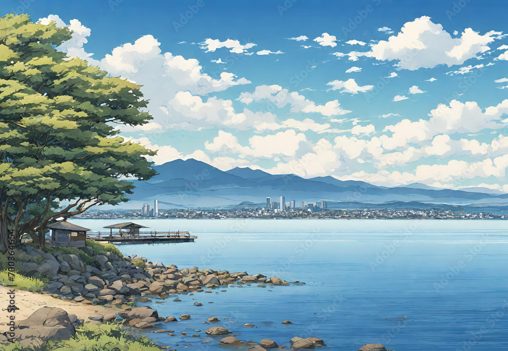 Blue summer sky and scenery of the shore of Lake Biwa.AI gernerated