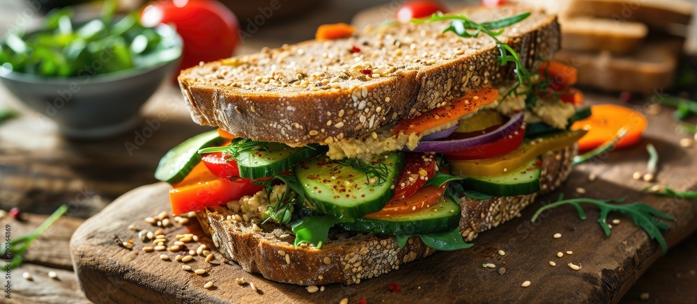 Fototapeta premium Nutritious hummus sandwich with mixed vegetables on multi-grain bread.