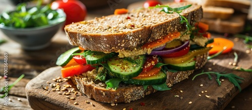 Nutritious hummus sandwich with mixed vegetables on multi-grain bread.