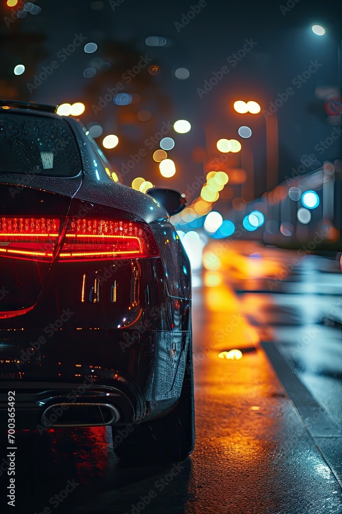 The rear view of a car on the road at night in the city The rear view of a car on the road at night in the city