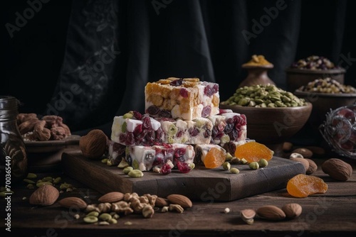 Turkish delight with nuts and dried fruits. Generative AI