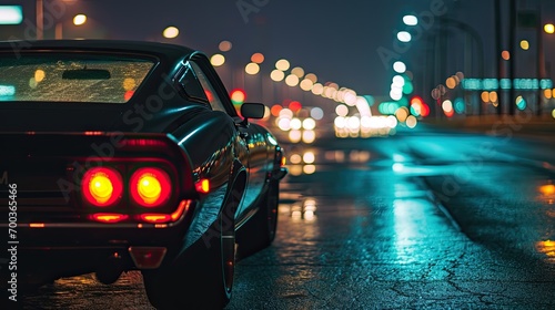 The rear view of a car on the road at night in the city
