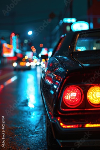 The rear view of a car on the road at night in the city