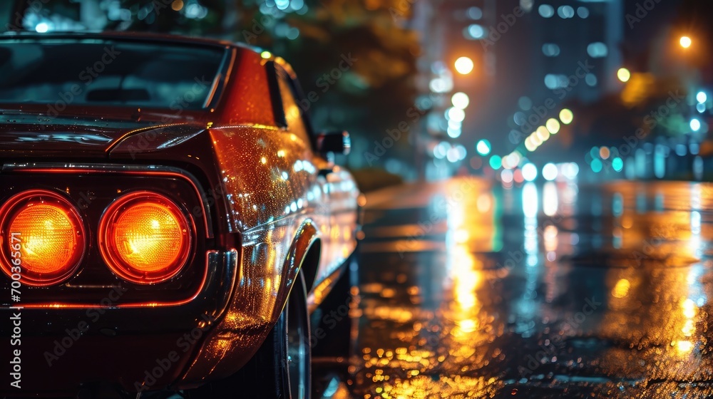 The rear view of a vehicle traveling through the city at night