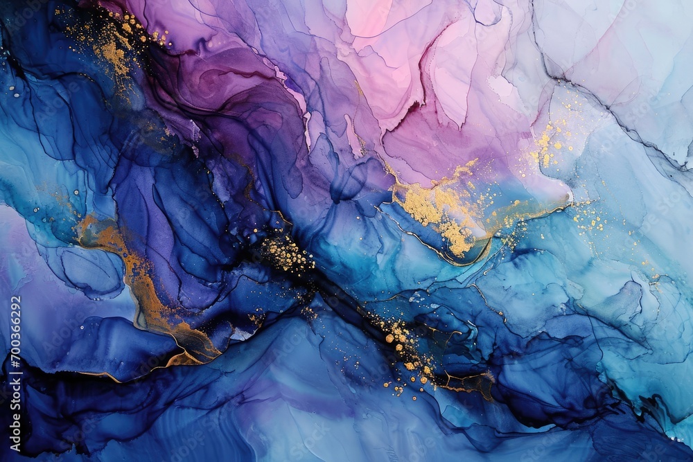 Fototapeta premium Abstract blue and violet liquid painting with gold accents
