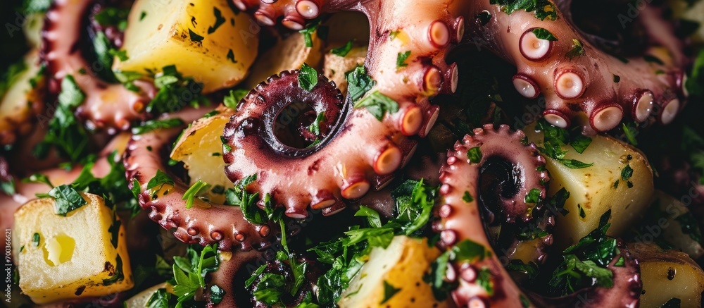 Close-up of octopus salad with potato and parsley, captured from above. - obrazy, fototapety, plakaty 
