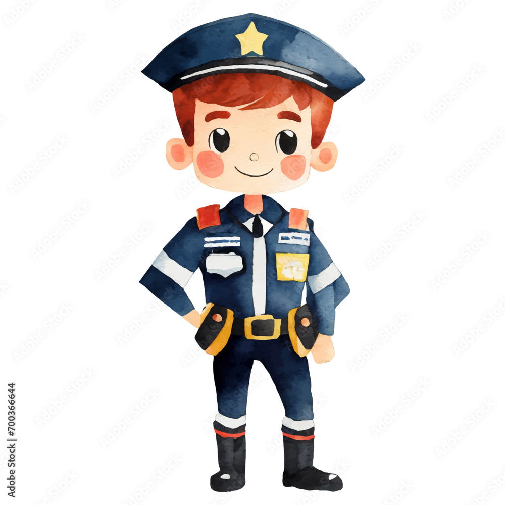 boy in police officer's costume, watercolor graphic resources with transparent background, occupation that wears uniform