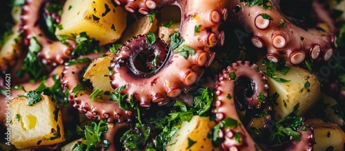 Close-up of octopus salad with potato and parsley, captured from above.